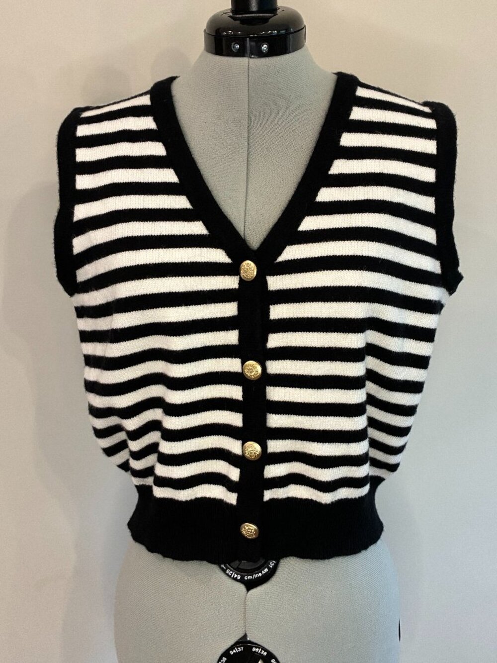 Cielo Black White Striped Sweater Vest Button Front Gold Buttons Preppy 0363